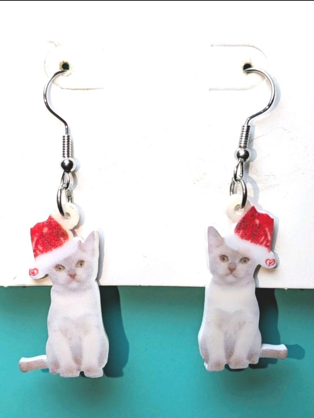 Hand Crafted White Cat Earrings with Red Santa Hats
